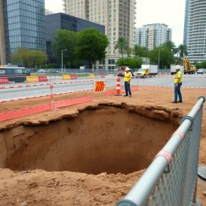 Construction site with a sinkhole in Pomeroy