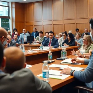 A city council meeting with discussions on local development and community enhancements.