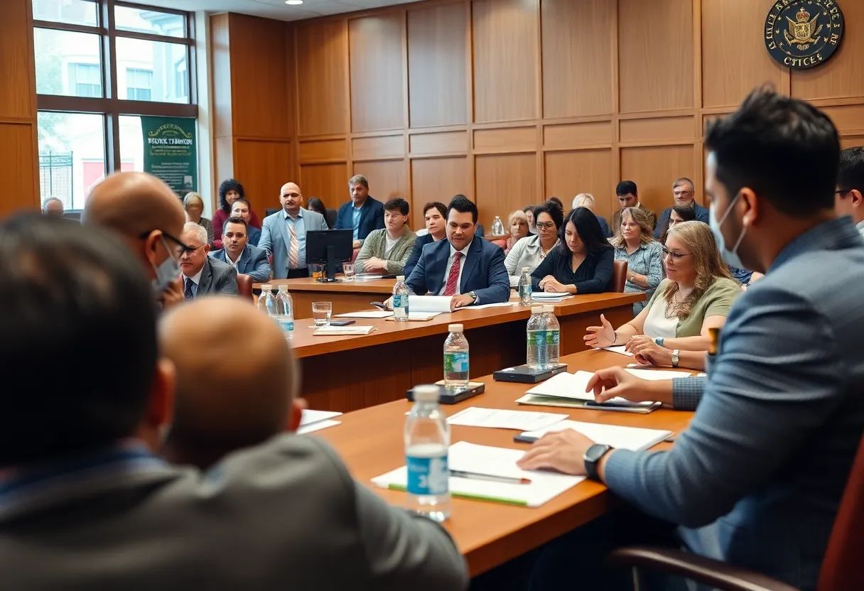 A city council meeting with discussions on local development and community enhancements.