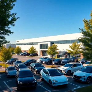 Modern automotive facility with electric vehicles