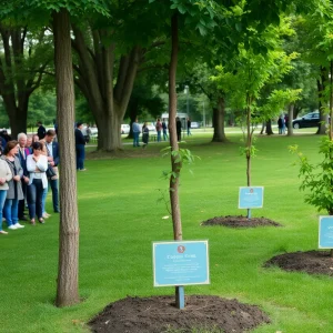 Community members at the Triway Memorial Tree dedication ceremony with newly planted trees.