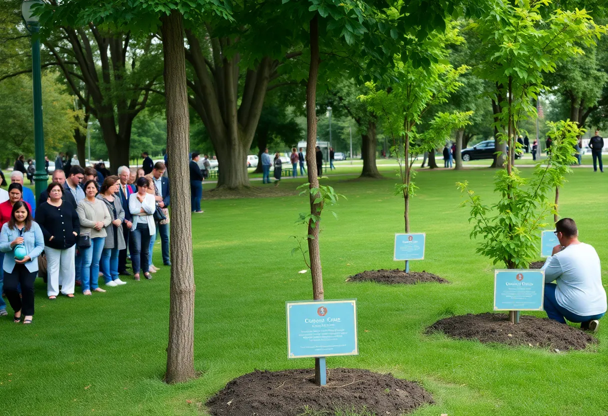 Community members at the Triway Memorial Tree dedication ceremony with newly planted trees.