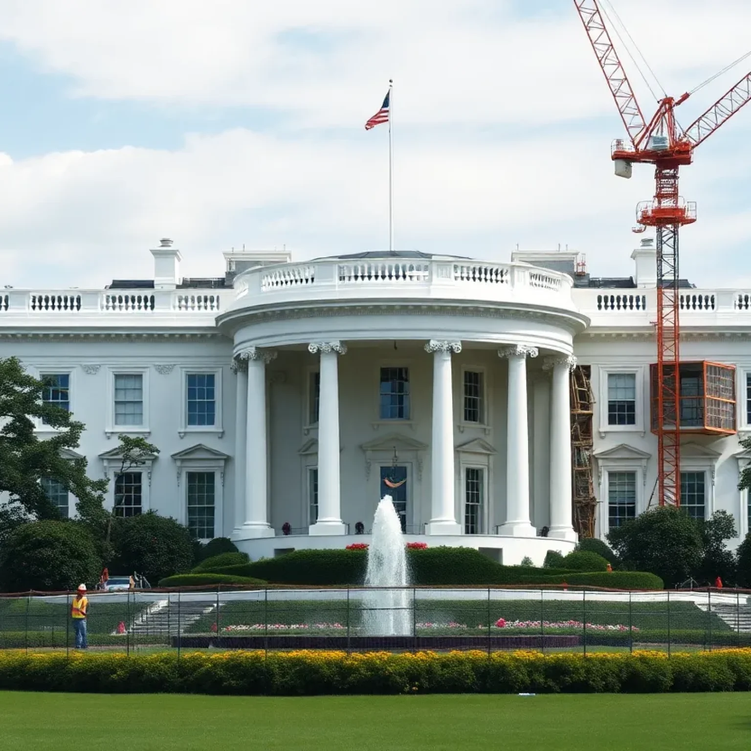 Construction of the new ballroom at the White House with East Wing demolition visible in the background.