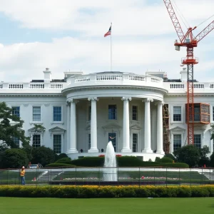 Construction of the new ballroom at the White House with East Wing demolition visible in the background.