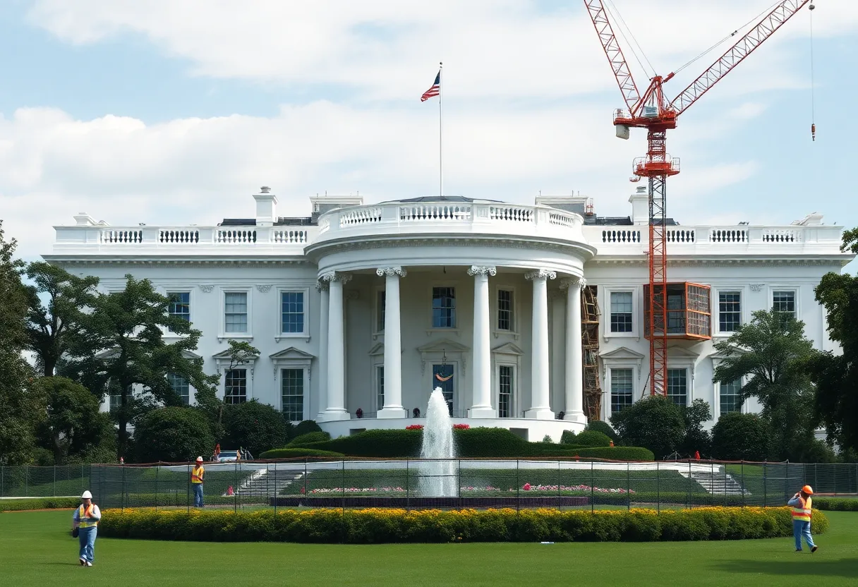 Construction of the new ballroom at the White House with East Wing demolition visible in the background.