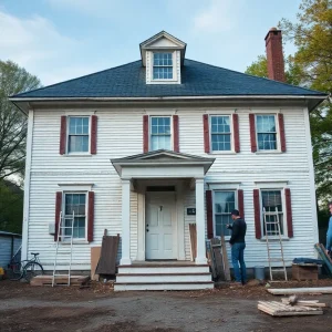 Workers restoring the historic Wilson Bruce Evans House in Oberlin