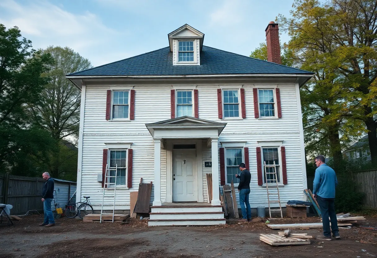 Workers restoring the historic Wilson Bruce Evans House in Oberlin