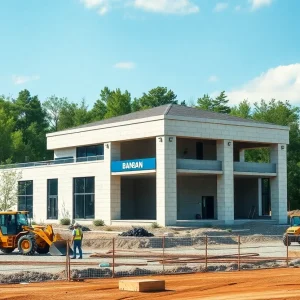 Construction site of Wright Patt Bank with machinery and workers