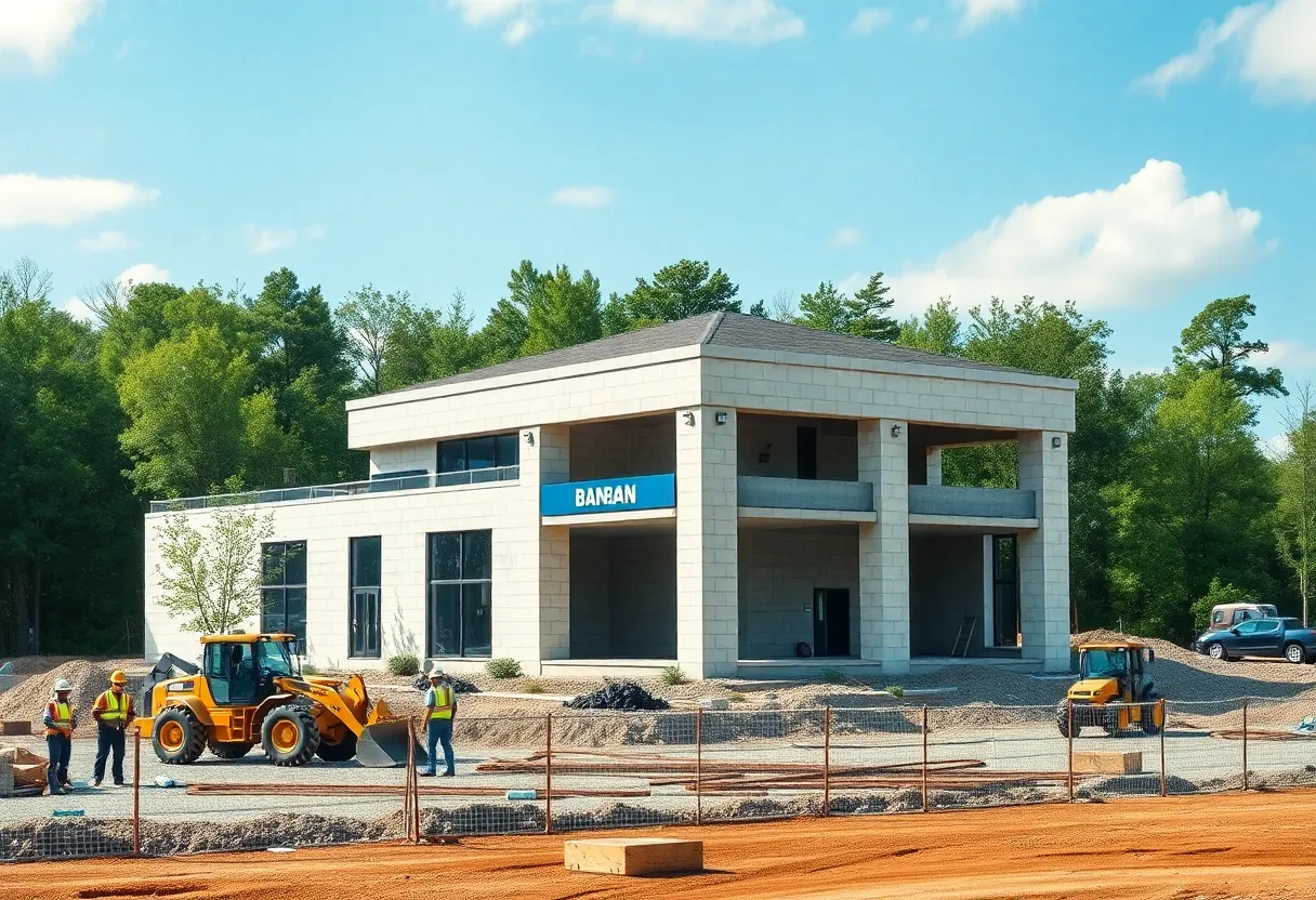Construction site of Wright Patt Bank with machinery and workers